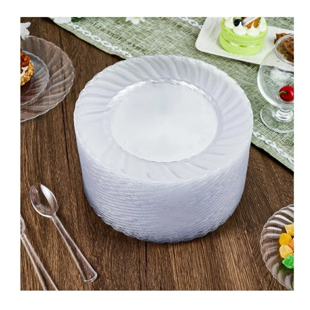 FOCUSLINE 100 Count Clear Plastic Plates 9 Inch, Disposable Heavy Duty Dinner...